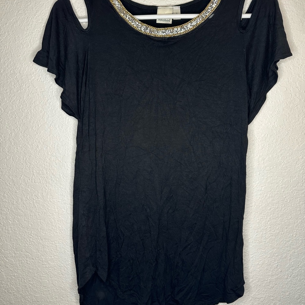 Bedazzled Black Blouse with Shoulder Cut Outs